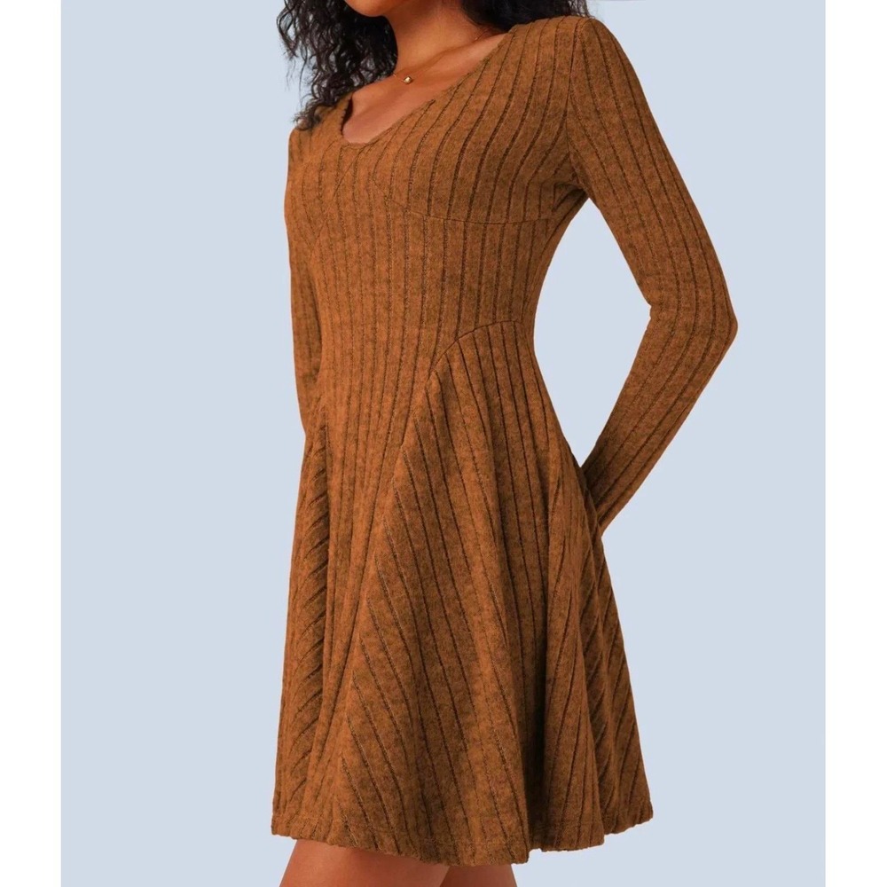 Halara Mini Skater Dress XS Brown Ribbed Knit Long Sleeve Dark Whimsigoth Cute